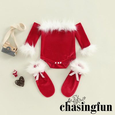 Chf- ชุดรอมเปอร์แขนยาว เปิดไหล่ และกางเกง ให้ความอบอุ่น ลายคริสต์มาส สําหรับเด็กผู้หญิง 2 ชิ้น