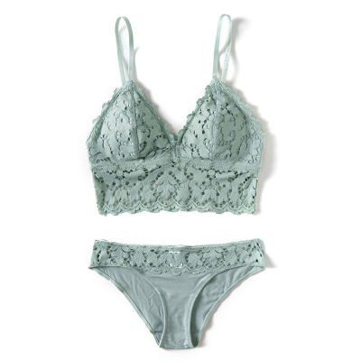 Sexy French Bra Set Wire Free Thin Model Cup Lace Deep V Bra Panties Sets Bralette Set Brassiere Women Lingerie Green