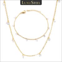 hotx【DT】 LUXUSTEEL Dainty Necklace Set Gold Color CZ Rolo Chain Jewelry Valentines