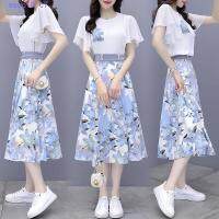 COD DSFGERTGYERE 【Set】Female Chiffon Suit Summer Fashion Floral Printed Short-sleeved Blouse Tops Long Skirt Two-piece Suit