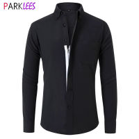 Mens Black Oxford Cotton Dress Shirt Slim Fit Long Sleeve Zipper Shirt Men Non Iron Easy Care Formal Business Chemise Homme 3XL