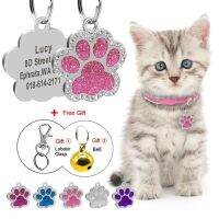 ❄ Glitter Cat ID Tag Pendant Personalized Kitten Puppy Name Tags Paw Shape Anti-lost Pet Nameplate Bling Rhinestone Free Gift Bell