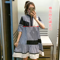 2021Summer Loose Maternity Cotton Lactation Shirts Nursing Block Color Striped Patchwork Hollow Out Fishtail Breastfeeding Blouses