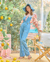 Wila-Blossom Denim Overall Pants กางเกงเอี๊ยมขายาว ผ้ายีนส์ทอลายดอกไม้ สายปรับความยาวได้