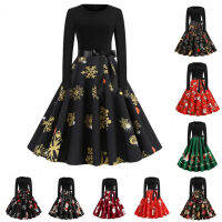 KKRobe Pin Up Vintage Femme 2023ชุดคริสต์มาสผู้หญิงแขนยาว Santa Claus Tree พิมพ์วันหยุดฤดูหนาว Party Rockabilly Dressq11