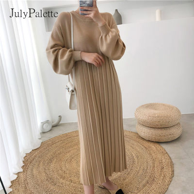 JulyPalette 2021 Autumn Winter Thicken Long Knitting Dress Fashion Lantern Sleeve Female Pleated Oversize Sweater Dress 5 Colors