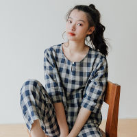 Spot parcel post Rely on 65- Pajamas Womens Spring Summer Cotton Gauze Outerwear Homewear 34 Sleeve Suit Non-Printed Plaid