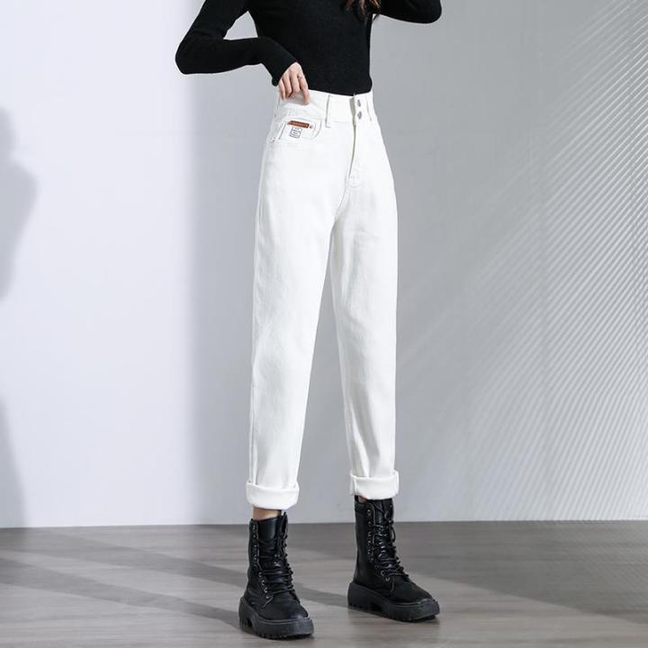 กำมะหยี่สีขาวสามกางเกงยีนส์ผู้หญิงเอวสูงหลวม-slimming-2022ฤดูใบไม้ร่วงและฤดูหนาว-harem-ใหม่ขอบม้วน-daddy-กางเกง