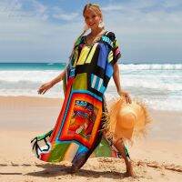 ；【‘；- Women Bikini Cover-Ups Multi Colour Long Robe Printing Casual Loose Bikini Sun Protection Kimono Dress Beach Wear Swim Suit