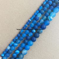 15 quot; Natural Stone Frost Grind Arenaceous Matte Blue Stripe Agate Onyx Round Loose Beads 6 8 10 12MM Pick Size