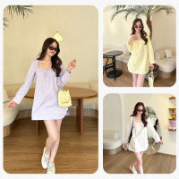 Cotton Mini Dress - เดรสคอตตอนคอเหลี่ยมมีโบว์จิ๋วๆติดอยู่ น่ารักมากค่า ตัวนี้ใส่ง่ายทรงOversized