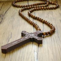 Vnox 36" Long Rosary Necklace Large Wood Jesus Christ Cross Pendant With Wooden Beads Sweater Chain Male Collier Statement Jewel Fashion Chain Necklac