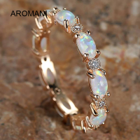 Aromani【พร้อมแล้ว!】แหวนวงบางโอปอลสีแหวนหินรูปไข่สีเงินสีทองหรูหราเครื่องประดับสำหรับเจ้าสาว