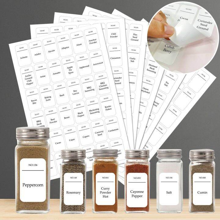 6 Sheets 216 Waterproof & Oilproof Spice Jar Labels for Containers