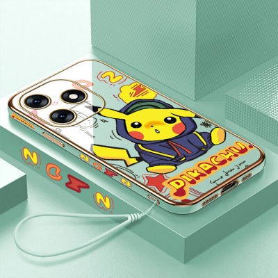 GGK สำหรับ Tecno Spark 10 Spark 10C ฟรีสายคล้องน่ารักการ์ตูน Pikachu ลายขอบสี่เหลี่ยมชุบเคลือบเคสโทรศัพท์เคสโทรศัพท์นิ่มสุดหรู