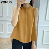 COD dhdfxcz VONDA Women Korean Summer Solid Color Sleeveless Crew Neck Casual Pleated Blouse