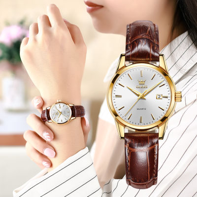 OLEVS Classic Women Watches Brown Leather-Analog Quartz Watch Week Date Casual Luminous Waterproof Wrist Watch Lovers