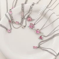 New Punk Pink Zircon Heart Neckalces Love Crystal Stainless Steel Luxe Choker Necklace Splicing Cuban Chain Pearl Jewelry Bijoux