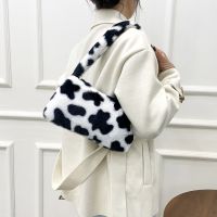 【Lanse store】Fashion Women Cow Print Mini Shoulder Bags Female Winter Plush Underarm Soft Fluffy Tote Small Purses Shopping Totes