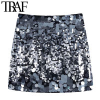 TRAF Women y Fashion Shiny Sequin Party Mini Skirt Vintage High Waist Back Zipper Female Skirts Mujer