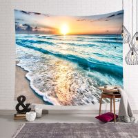 Blue Ocean Waves Sea Sunset Wall Hanging for Bathroom Room Decoration Tapestry Knitting  Crochet