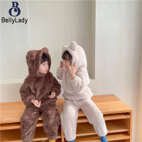 2 Pieces Children Homewear Suit Warm Hooded Tops Trousers Thickened Plush Pajamas Set【fast】