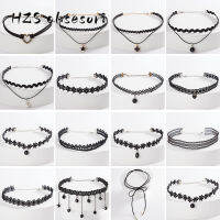 Hollow Designs หนังสีดำกำมะหยี่ Choker สร้อยคอ Layer Chockers Vintage Gothic เครื่องประดับ Goth สร้อยคอผู้หญิง