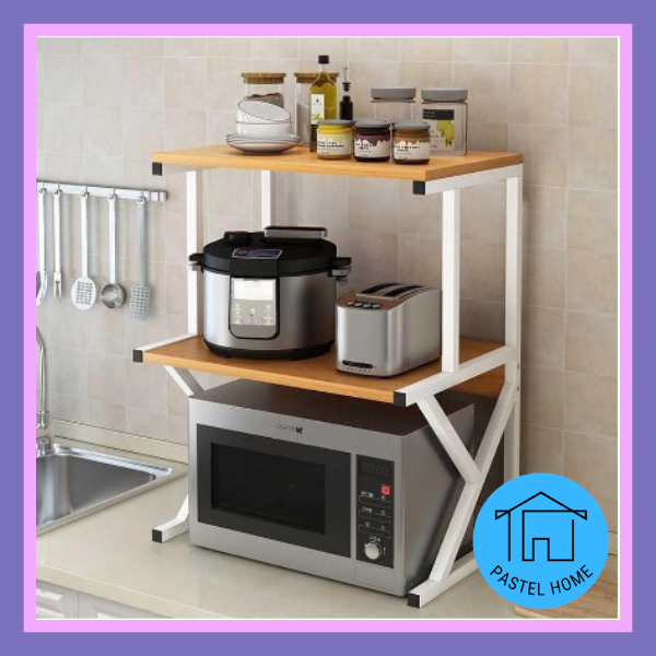 PH Double Layer Kitchen Rack Storage Oven Rack Wooden Microwave Shelf