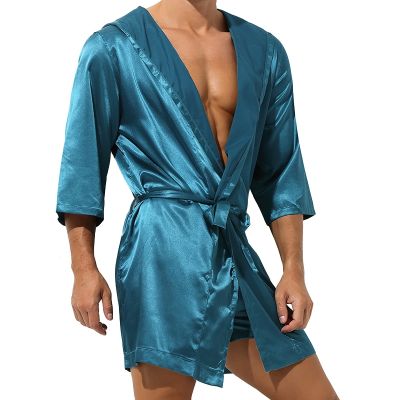 Mens Sleepwear Robe Night Clothes Silk Kimono Bathrobe Men Hooded Szlafrok Pajamas Peignoir Sleeve Ropa Sexy Hombre Mans Gown