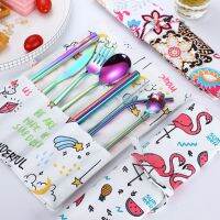 9pcs Fork Spoon Knife Set Cutlery Stainless steel Tableware mental Straw Unicorn flamingo rhinoceros Travel Cloth Bag Chopsticks Flatware Sets