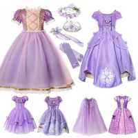 Girls Princess Sofia Dress Cosplay Costume Kids Sequins Layered Deluxe Gown Child Carnival Halloween Party Fancy Dress up Sophia