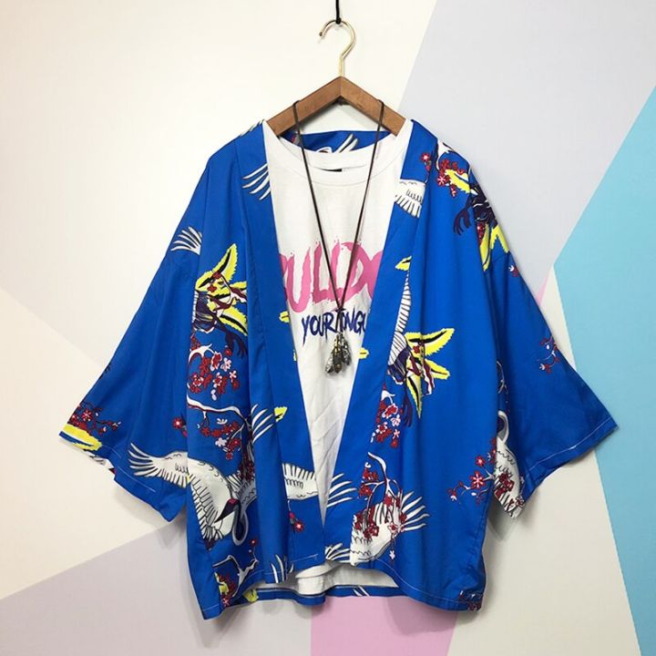 yukata-ผู้ชายญี่ปุ่นโบกเสื้อคาร์ดิแกน-kimono-ดำเสื้อผ้าญี่ปุ่นโค้ทพิมพ์ลายปลาคาร์พแบบดั้งเดิม