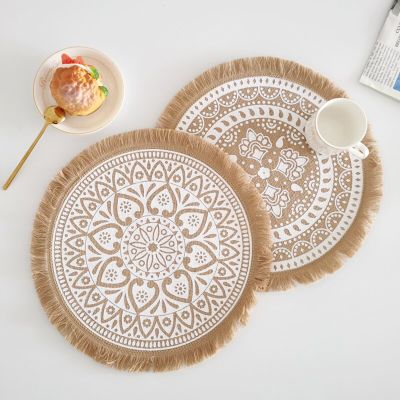 2PC Woven Jute Placemats Tassels Mats Round Table Mats Dining Table Heat Insulation mat Home Party Wedding Decor