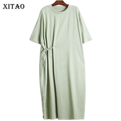 XITAO Dress Drawstring Loose Solid Color Lace Up T-shirt Dress