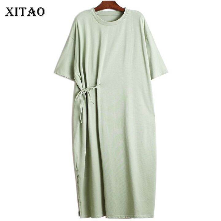 xitao-dress-drawstring-loose-solid-color-lace-up-t-shirt-dress