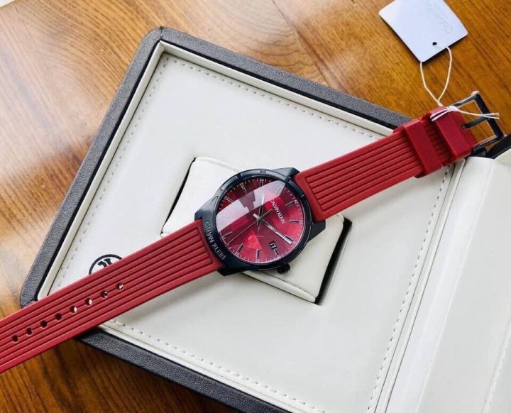 Đồng hồ Nam chính hãng Calvin Klein (CK) Quartz K8R114UP Size 42,Mặt  đỏ,Lịch-Máy Pin-Dây cao su cao cấp 