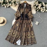 【HOT】❏✲ Womens Printing Sleeve Dresses Breasted Shirts Vestidos Robe