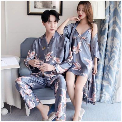 Lovers Ice Silk Men Pajamas 2pcs Fashion Summer Pajamas Set Casual Print Sleepwear Couples Home Clothes Long Sleeve Pyjamas