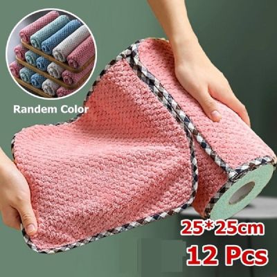 【cw】12pcs Kitchen Cleaning Dish Towel Hangable Lazy Rags Absorbent Dishcloth Coral Fleece Hand Towel Rag Cleaning Cloth ！