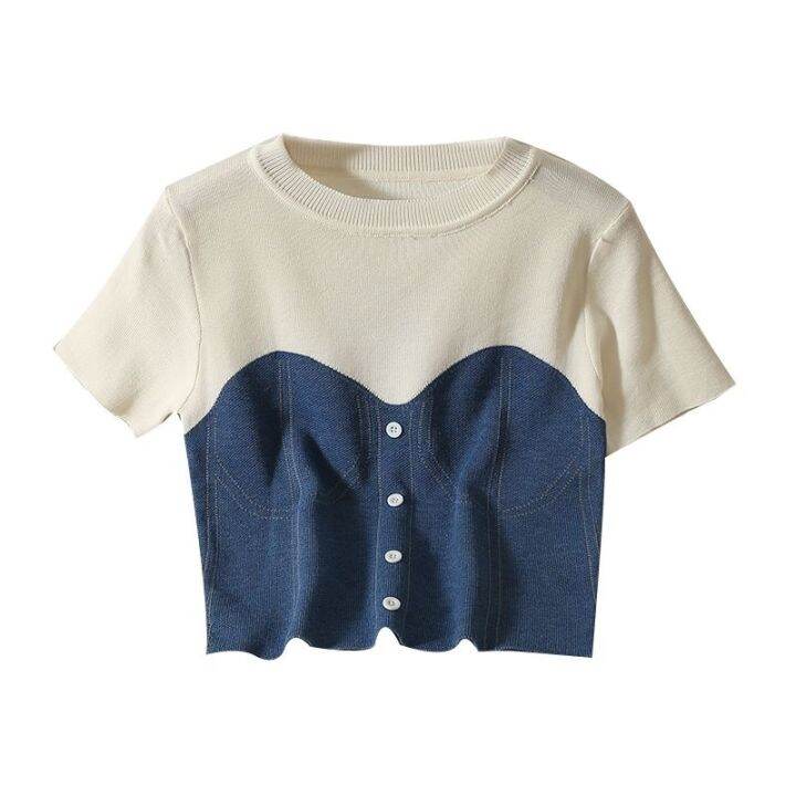 เสื้อยืดแขนสั้น-คอกลม-ผ้าถัก-แฟชั่นฤดูร้อน-สําหรับผู้หญิง-v728