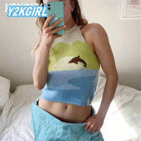 Y2KGIRL Cute Whale Sea Cartoon Printed Tank Vest Women Patchwork Summer Fashion Sleeveless T-shirt Blue Knitted Crop Tops 2022