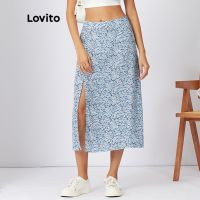 ☞☒❒ Lovito กระโปรงผ่าข้างลายดอกไม้ สไตล์ลำลอง L21AS029 (สีฟ้า)