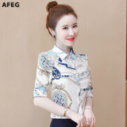 AFEG Áo Kiểu Thanh Lịch Thời Trang Thường Ngày Vải Voan Ngắn Tay In Họa