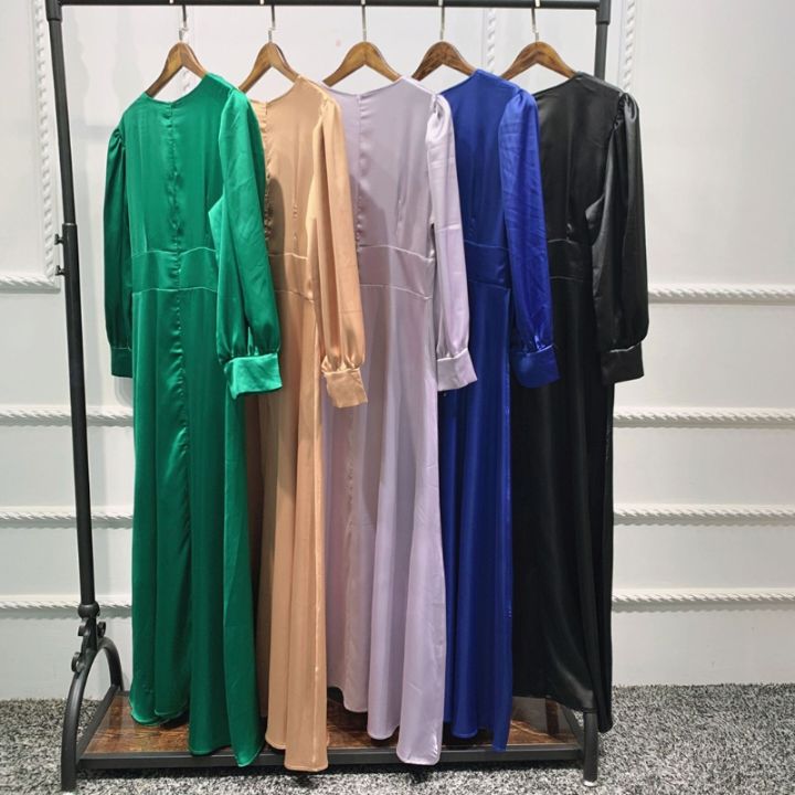 ผู้หญิงอิสลามรอมฎอนแขนยาวซาติน-maxi-d-ress-ปุ่มด้านหน้าเอวสูงจีบบาง-a-baya-ดูไบพรรคยาวเสื้อคลุม