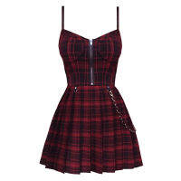 2021Gothic Girls Red Plaid Pleated Dress Emo Alt Zip Up Robe Femme Y2K Punk Black Spaghetti Strap Mini Short Jurken Goth Streetwear