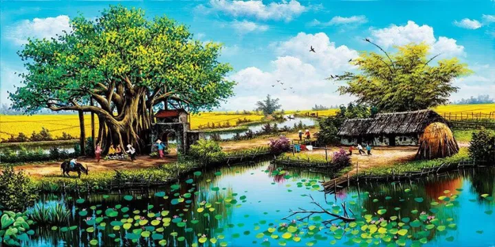 Tranh làng quê Hưng Yên đồng quê ao cá cây đa Việt Nam đẹp nhất kèm khung  tranh 