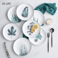 JO LIFE 1PC Nordic Kitchen Tableware 8-Inch Ceramic Plate Green Plant Dish Creative Tray Dessert Plate