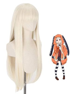 Anime Cosplay Kakegurui Runa Yomozuki Synthetic Wigs Long Straight Heat Resistant Wig Natural Gold With Bang + Wig Cap