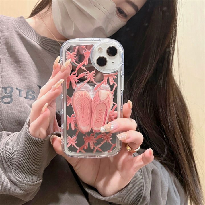 กรณีโทรศัพท์มือถือสีชมพูโบว์สำหรับ-iphone14promax-ผู้ถือรองเท้าบัลเล่ต์เคสโทรศัพท์สำหรับ-iphone13pro-ชุบกระจกโทรศัพท์สำหรับ-iphone12