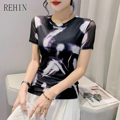 REHIN เสื้อยืดคอกลมสตรี,เสื้อเบลาส์แขนสั้นพิมพ์ลายดอกไม้ตาข่ายหรูหราบางและบางมัดย้อม S-3XL สำหรับฤดูร้อน